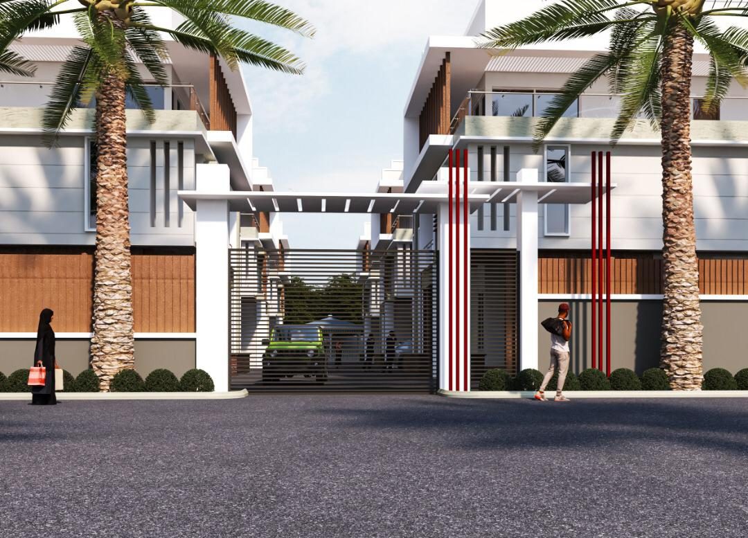 Cloverfield Mabushi gated entrance with palm-lined drive
